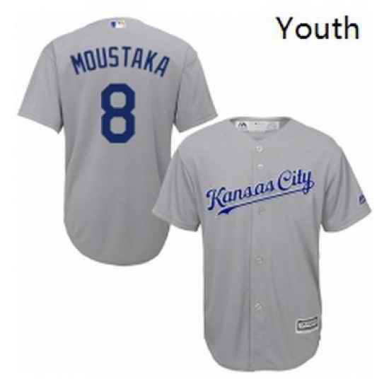 Youth Majestic Kansas City Royals 8 Mike Moustakas Replica Grey Road Cool Base MLB Jersey